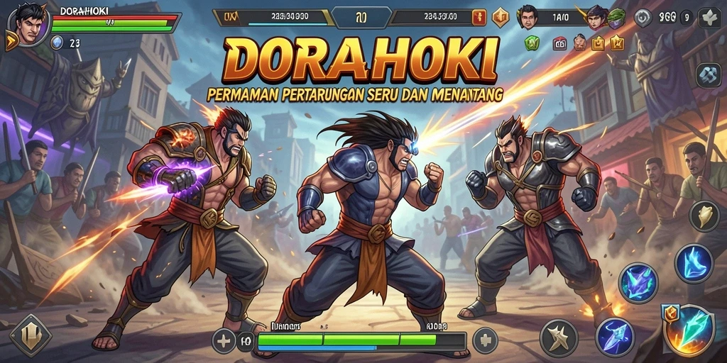 Tampilan gameplay pertarungan intens di DORAHOKI.