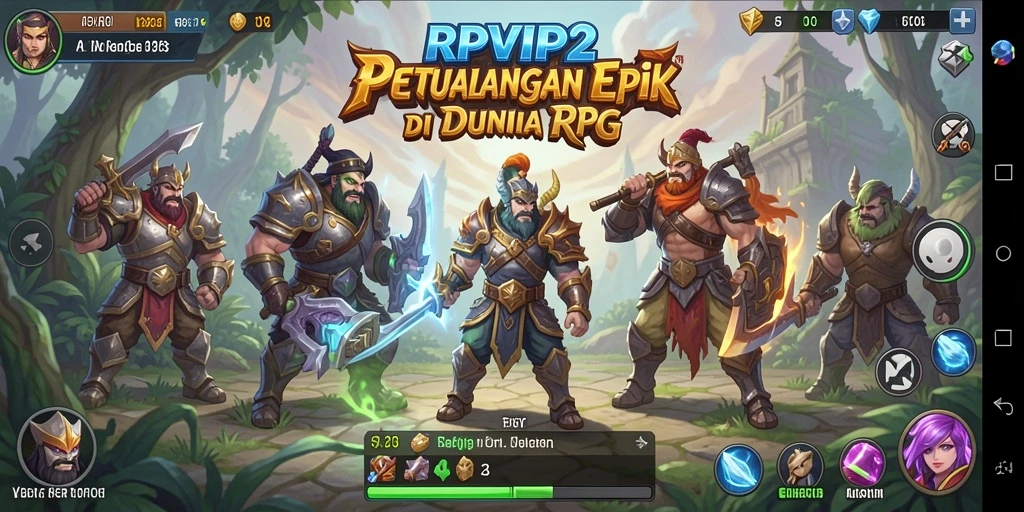 Screenshot gameplay RPVIP2 dengan pertempuran seru yang menampilkan karakter utama.
