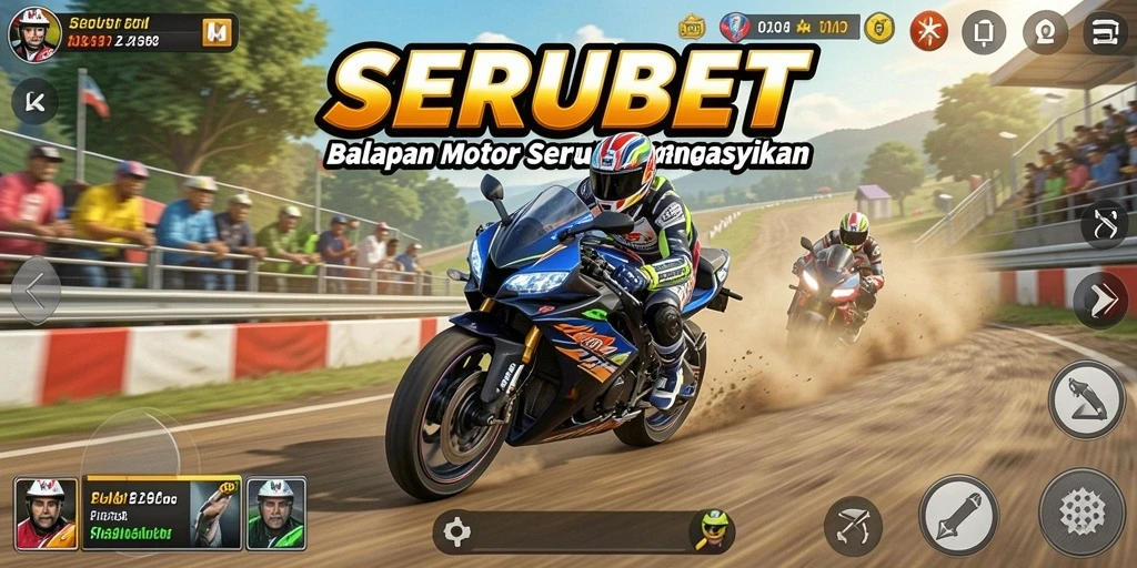 Screenshot gameplay SERUBET yang menampilkan aksi balapan motor yang mendebarkan.
