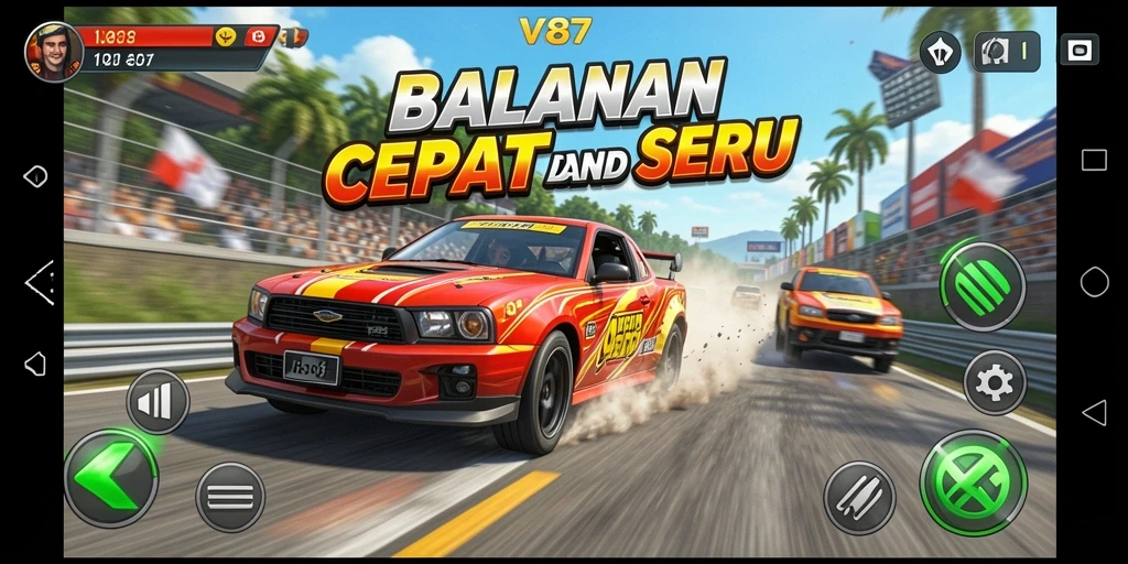 Gameplay seru V87 dengan balapan mendebarkan di lintasan.